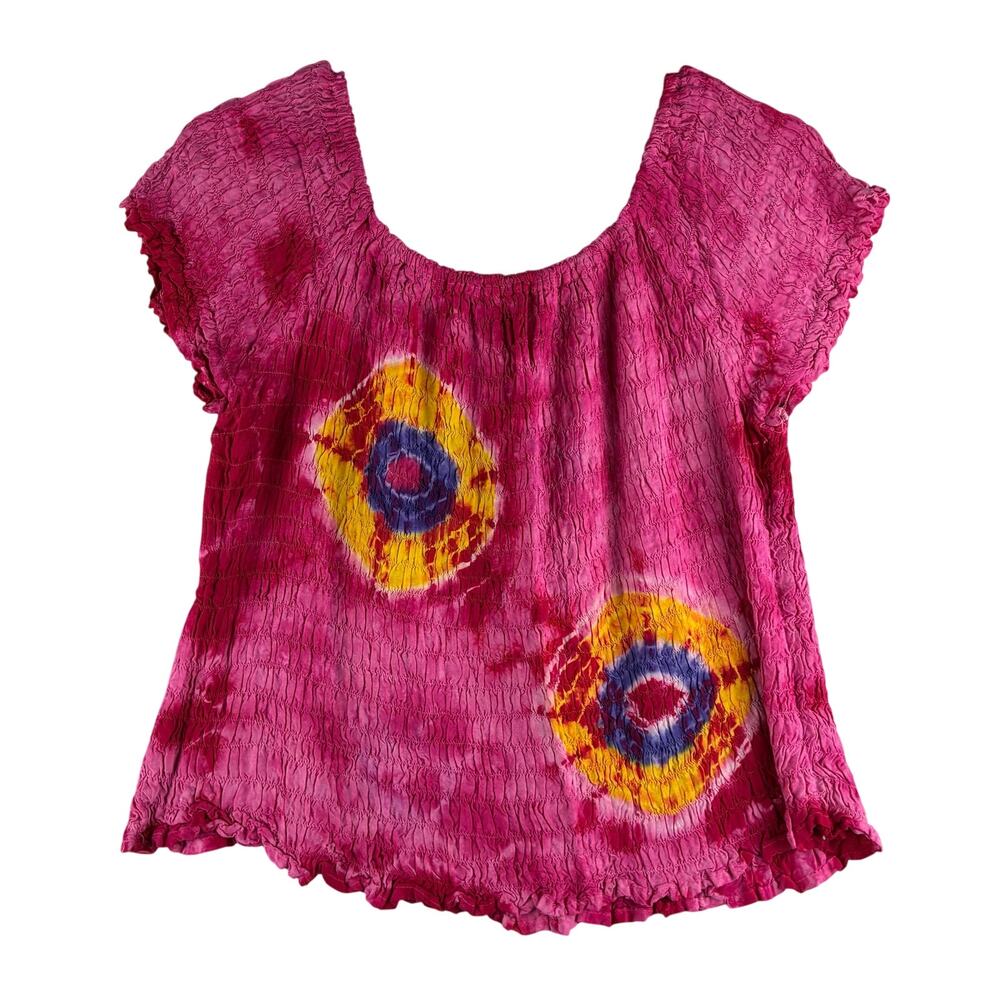 Neelam Pink Orange Tie Dye Smocked Hippi Shirt Plus Size Crop Top Large-1X